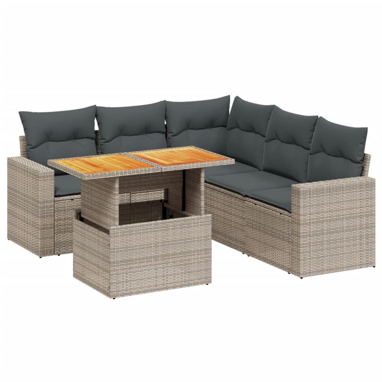 6-delige Loungeset met kussens poly rattan grijs