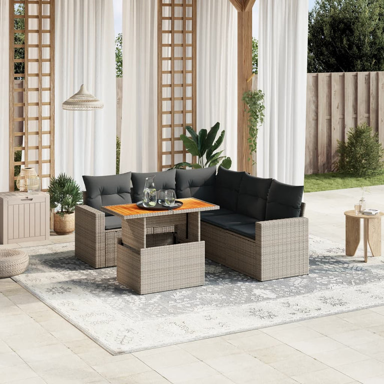 6-delige Loungeset met kussens poly rattan grijs