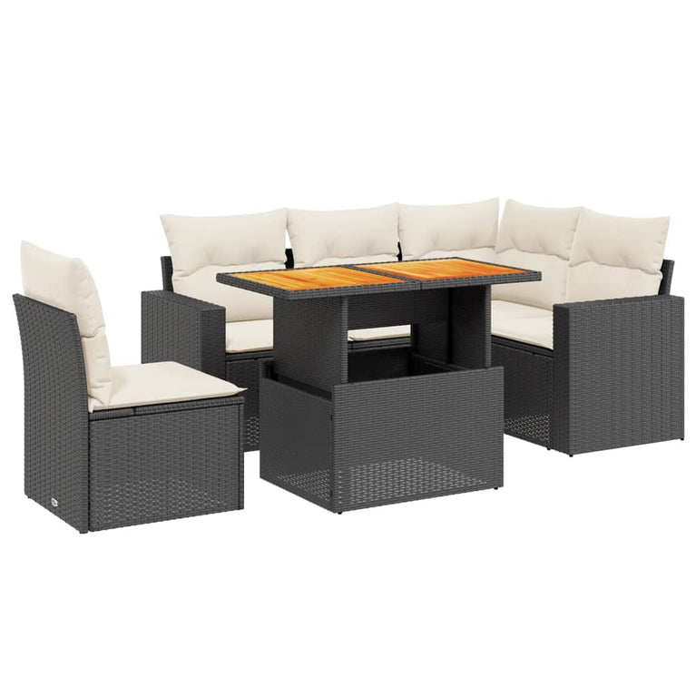 6-delige Loungeset met kussens poly rattan zwart