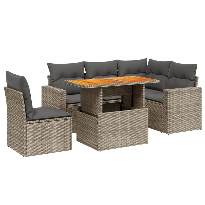 6-delige Loungeset met kussens poly rattan grijs