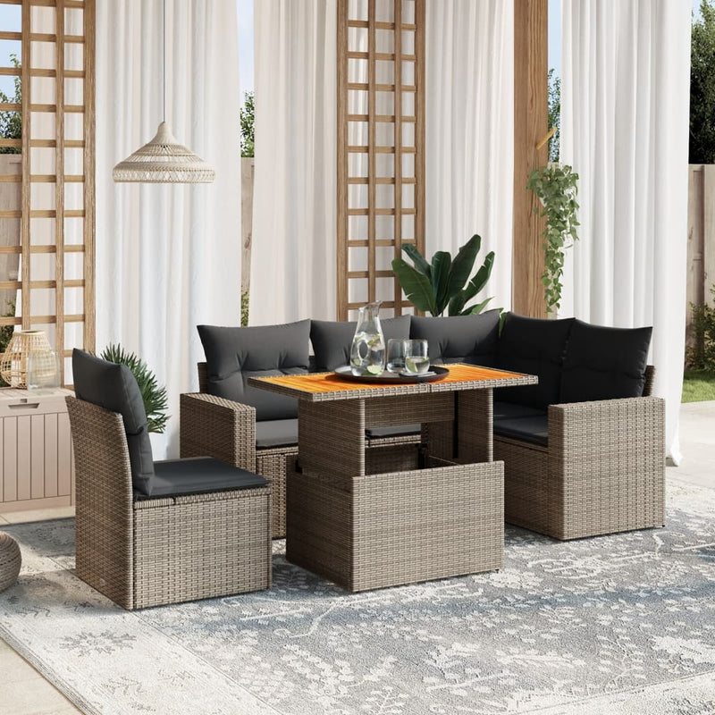 6-delige Loungeset met kussens poly rattan grijs