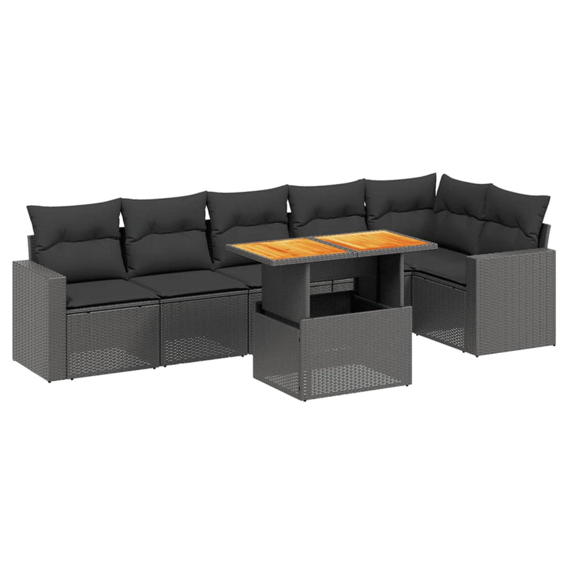 7-delige Loungeset met kussens poly rattan zwart