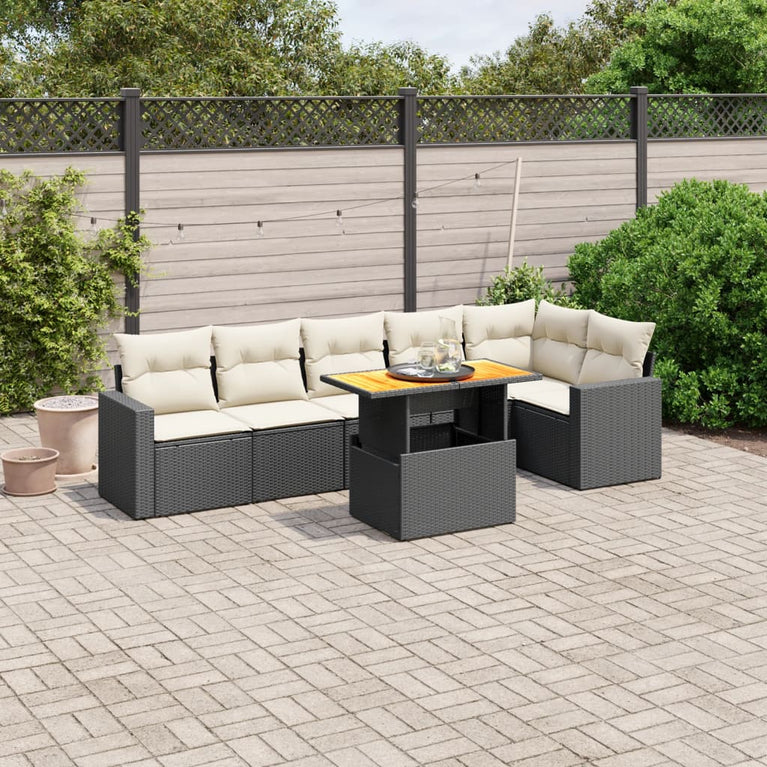 7-delige Loungeset met kussens poly rattan zwart