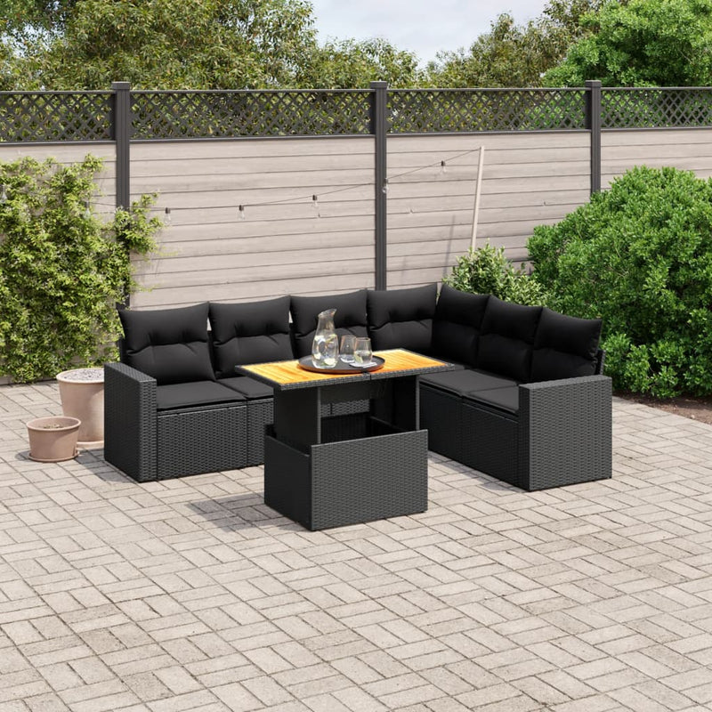 7-delige Loungeset met kussens poly rattan zwart