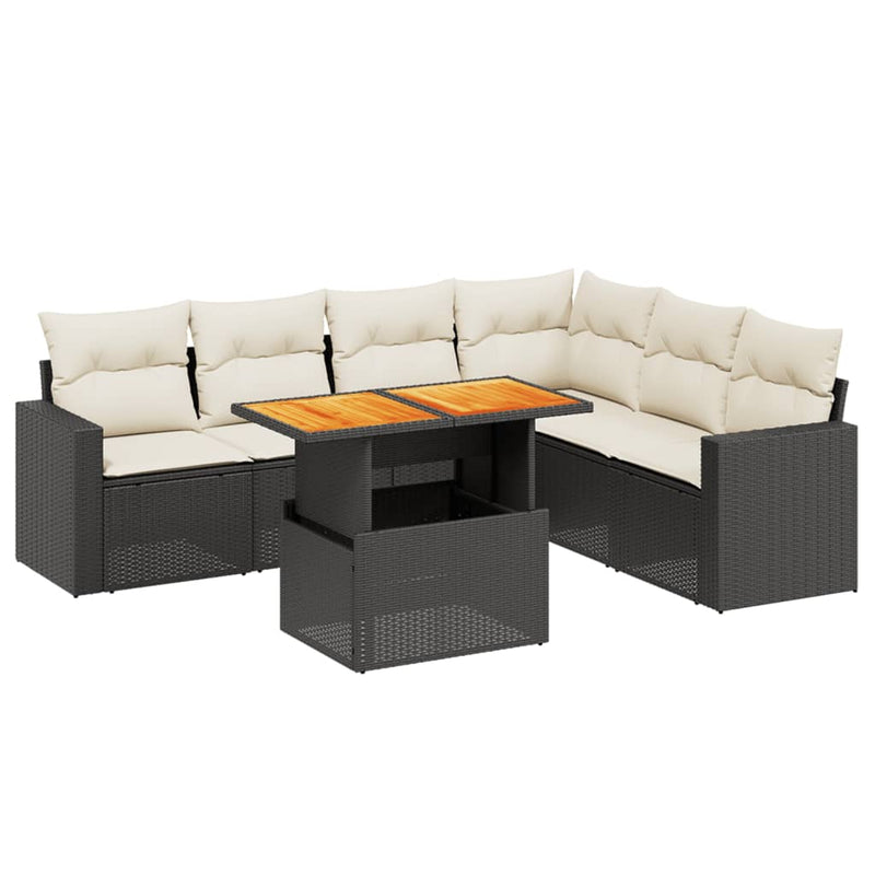 7-delige Loungeset met kussens poly rattan zwart