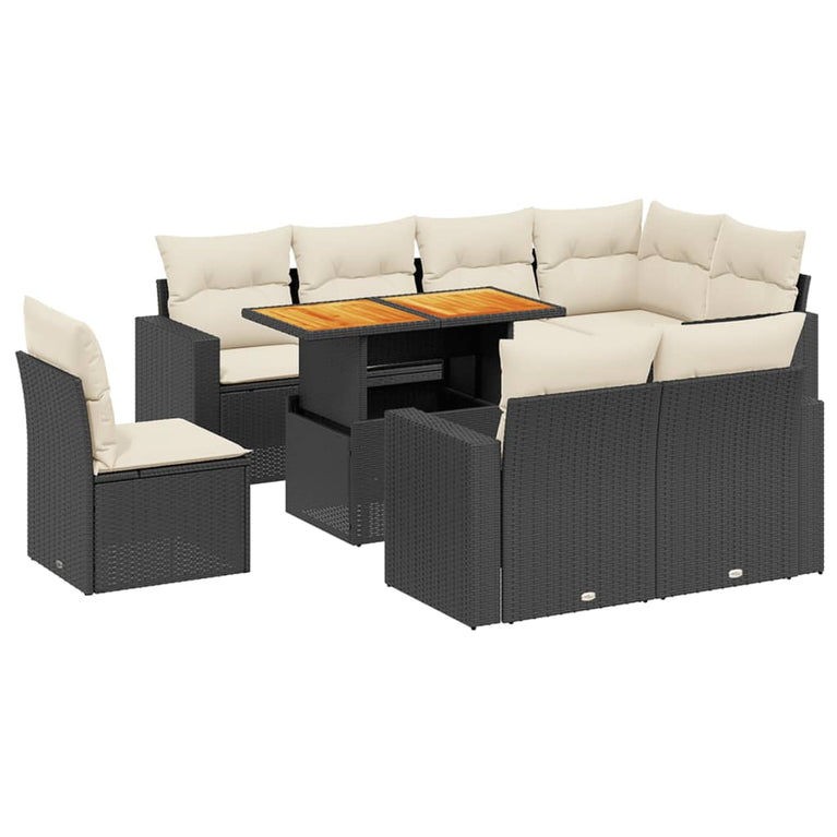 9-delige Loungeset met kussens poly rattan zwart