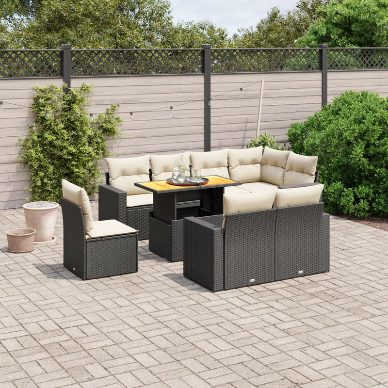 9-delige Loungeset met kussens poly rattan zwart