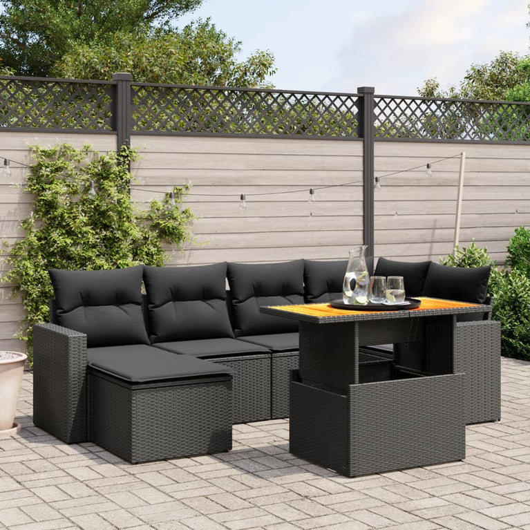 7-delige Loungeset met kussens poly rattan zwart