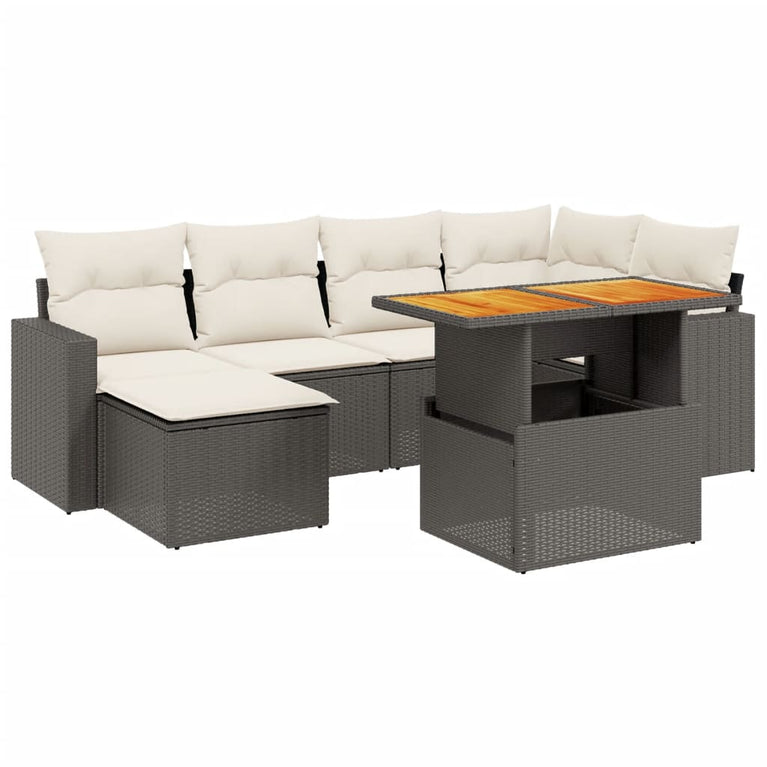 7-delige Loungeset met kussens poly rattan zwart