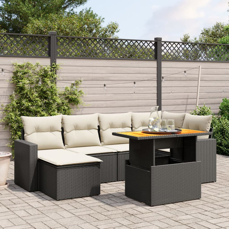 7-delige Loungeset met kussens poly rattan zwart