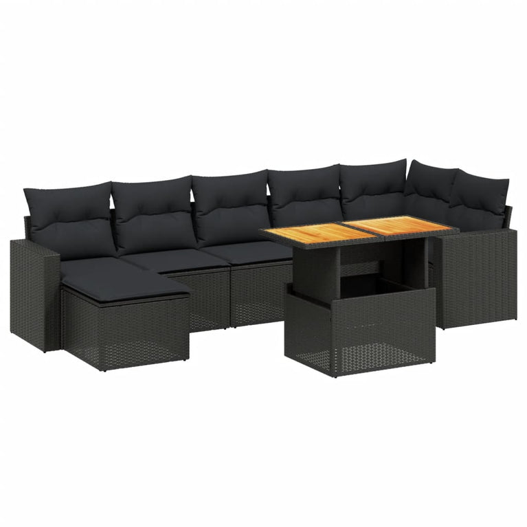 8-delige Loungeset met kussens poly rattan zwart