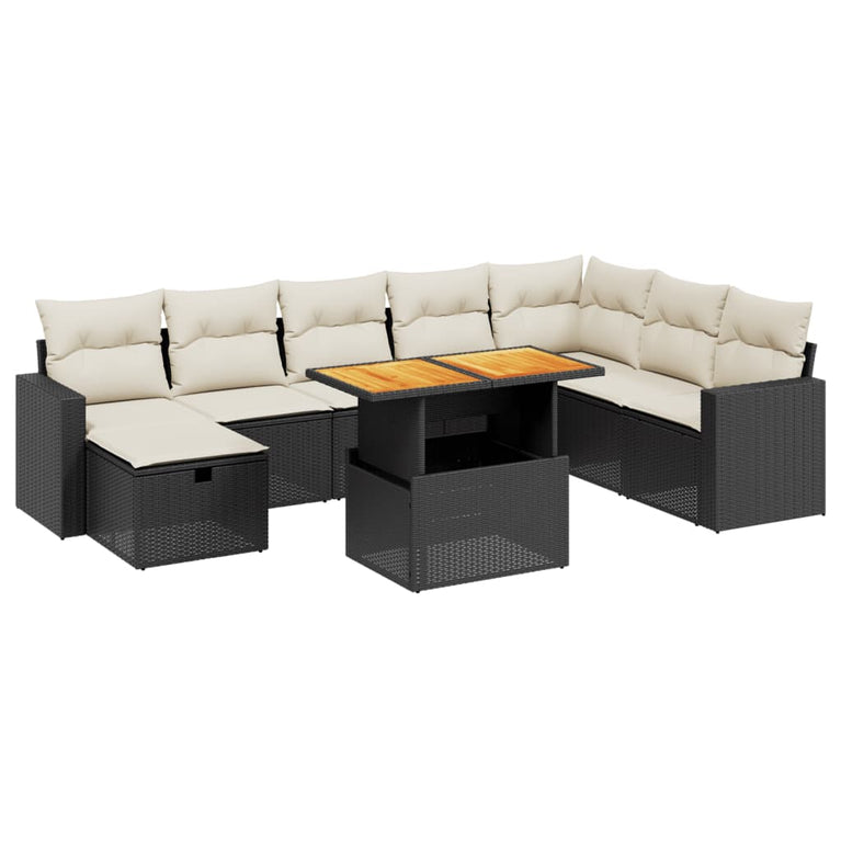 9-delige Loungeset met kussens poly rattan zwart