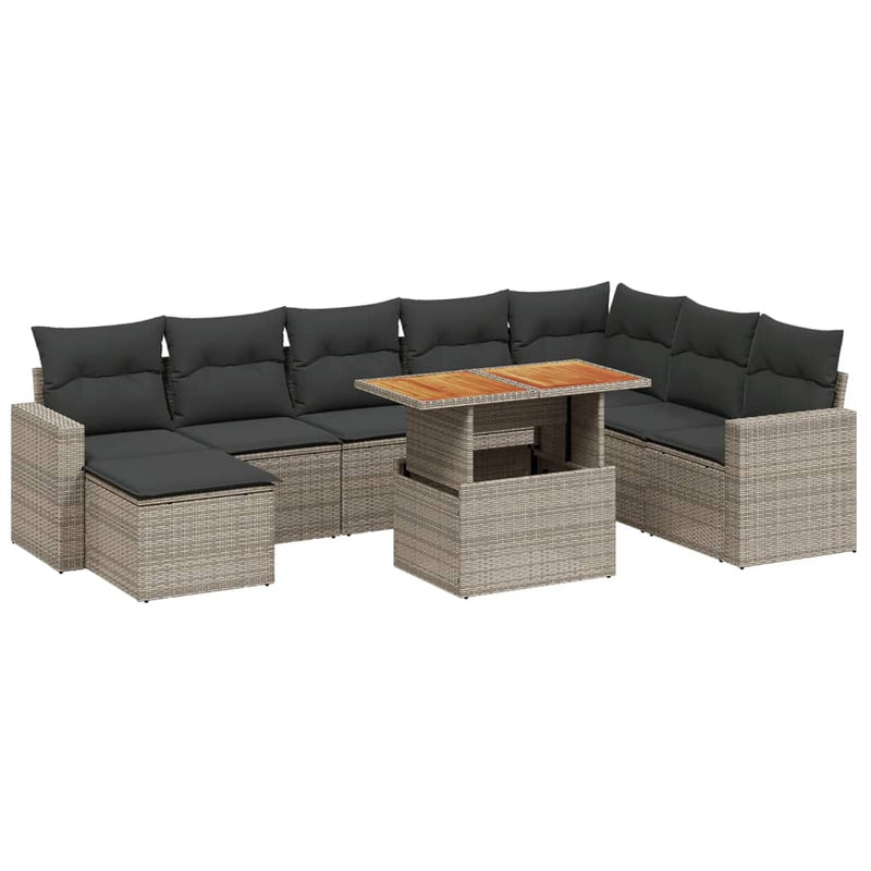 9-delige Loungeset met kussens poly rattan grijs