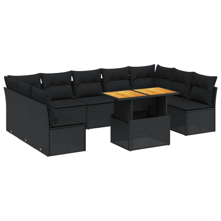 10-delige Loungeset met kussens poly rattan zwart