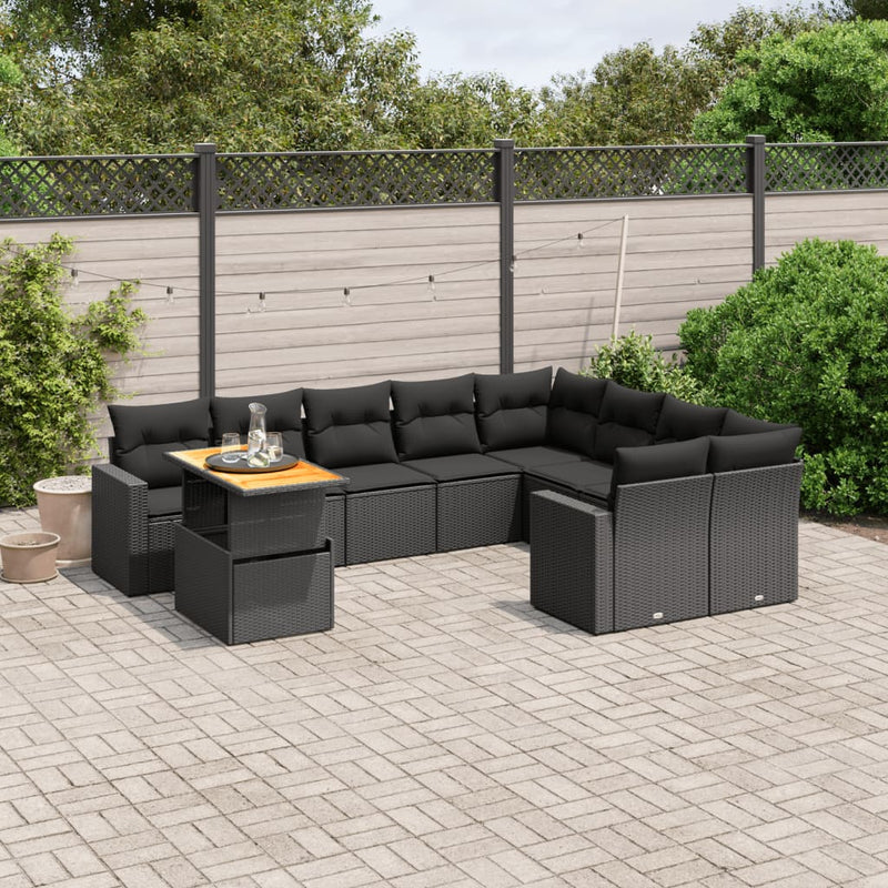 10-delige Loungeset met kussens poly rattan zwart