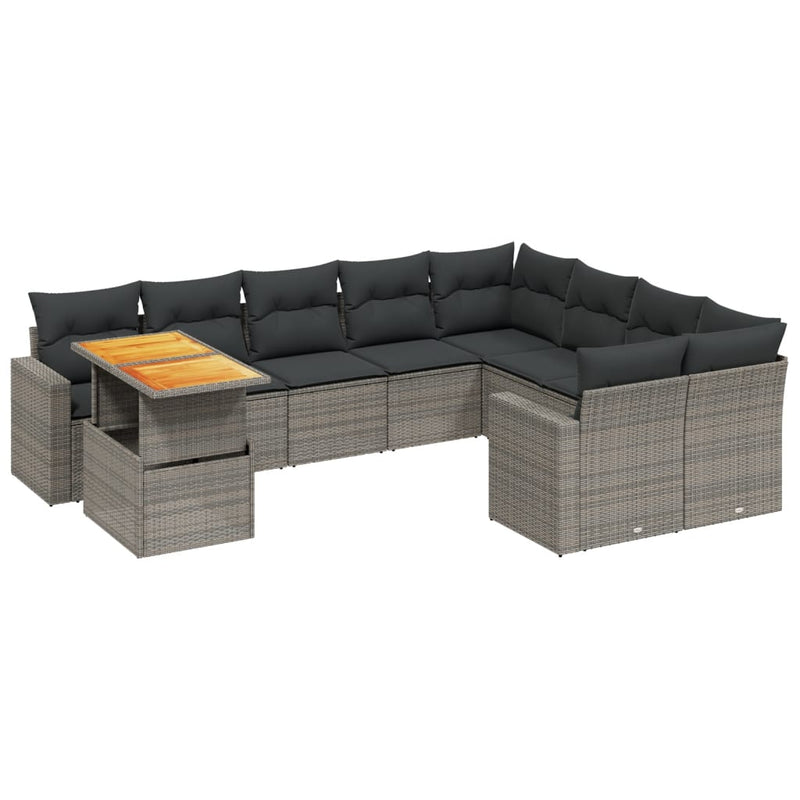 10-delige Loungeset met kussens poly rattan grijs