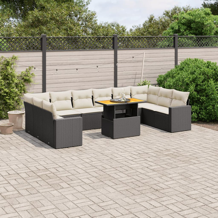 11-delige Loungeset met kussens poly rattan zwart