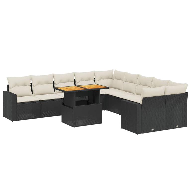 11-delige Loungeset met kussens poly rattan zwart