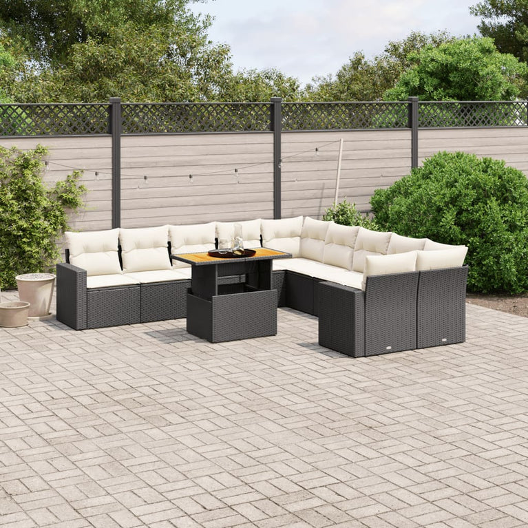 11-delige Loungeset met kussens poly rattan zwart