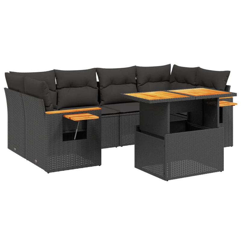 7-delige Loungeset met kussens poly rattan zwart