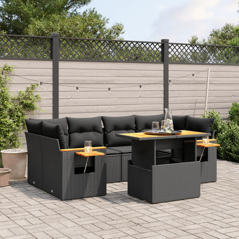 7-delige Loungeset met kussens poly rattan zwart