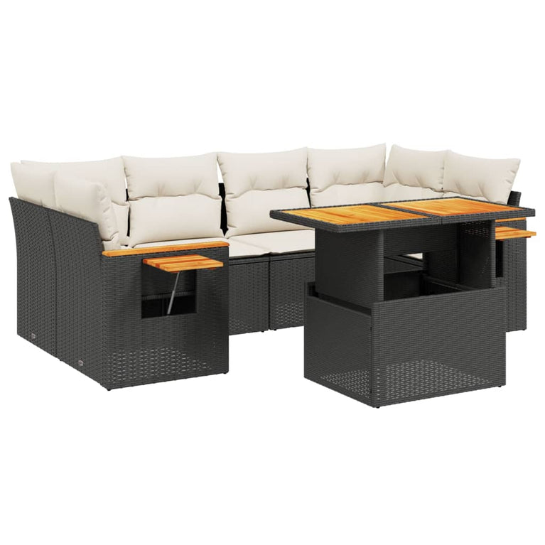 7-delige Loungeset met kussens poly rattan zwart