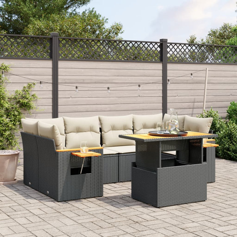 7-delige Loungeset met kussens poly rattan zwart
