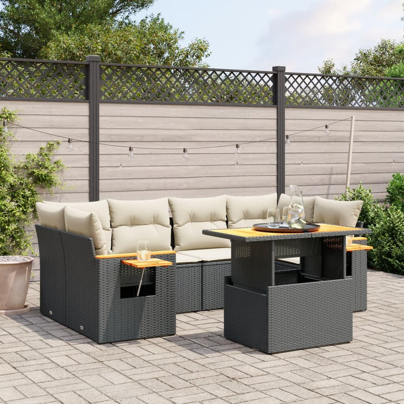 7-delige Loungeset met kussens poly rattan zwart