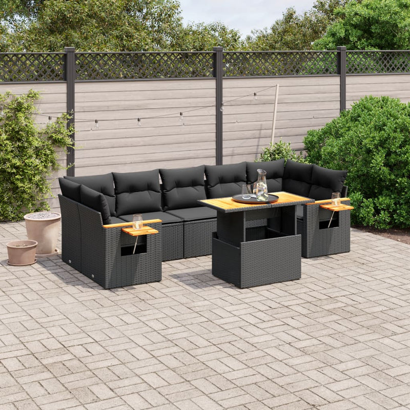 8-delige Loungeset met kussens poly rattan zwart
