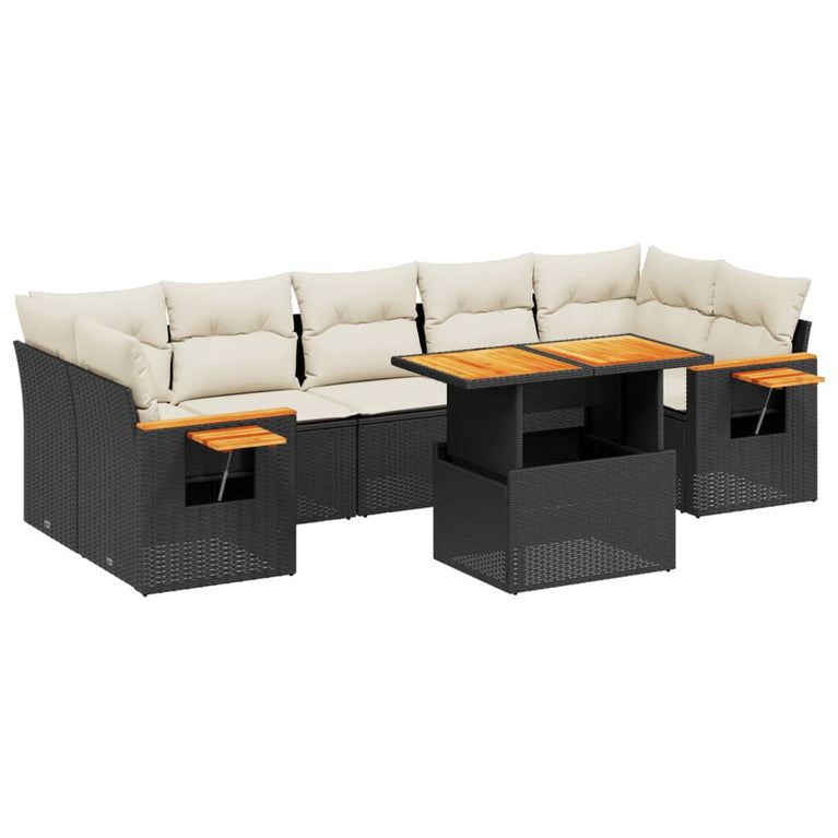 8-delige Loungeset met kussens poly rattan zwart