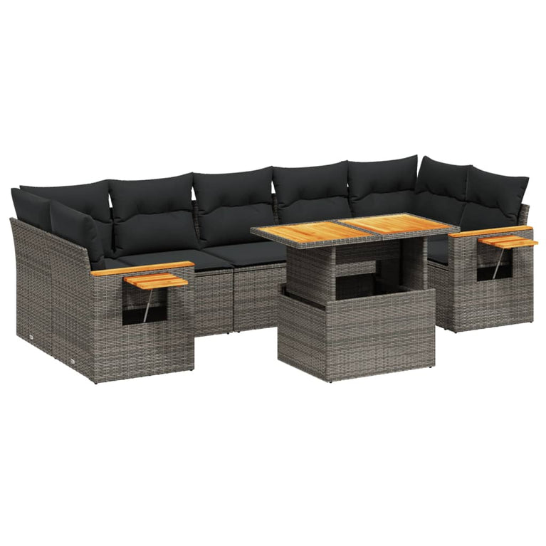 8-delige Loungeset met kussens poly rattan grijs