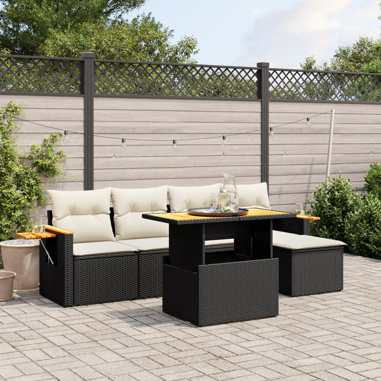 6-delige Loungeset met kussens poly rattan zwart