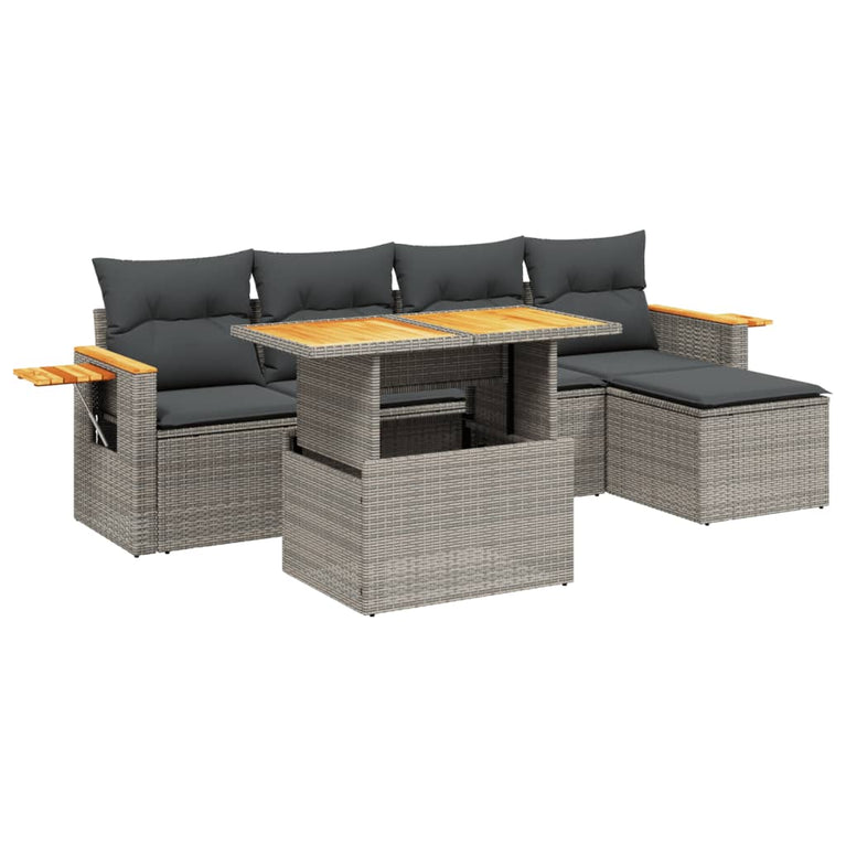 6-delige Loungeset met kussens poly rattan grijs