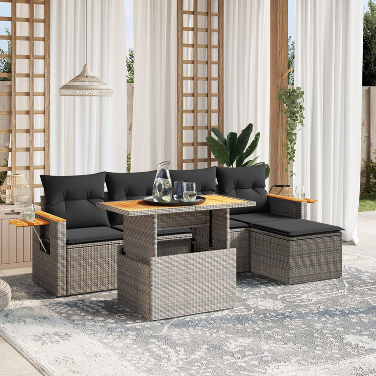 6-delige Loungeset met kussens poly rattan grijs