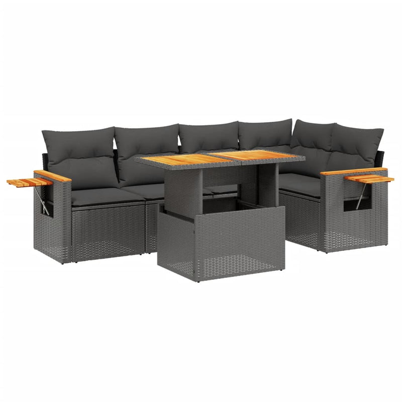 6-delige Loungeset met kussens poly rattan zwart