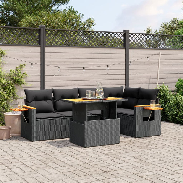 6-delige Loungeset met kussens poly rattan zwart