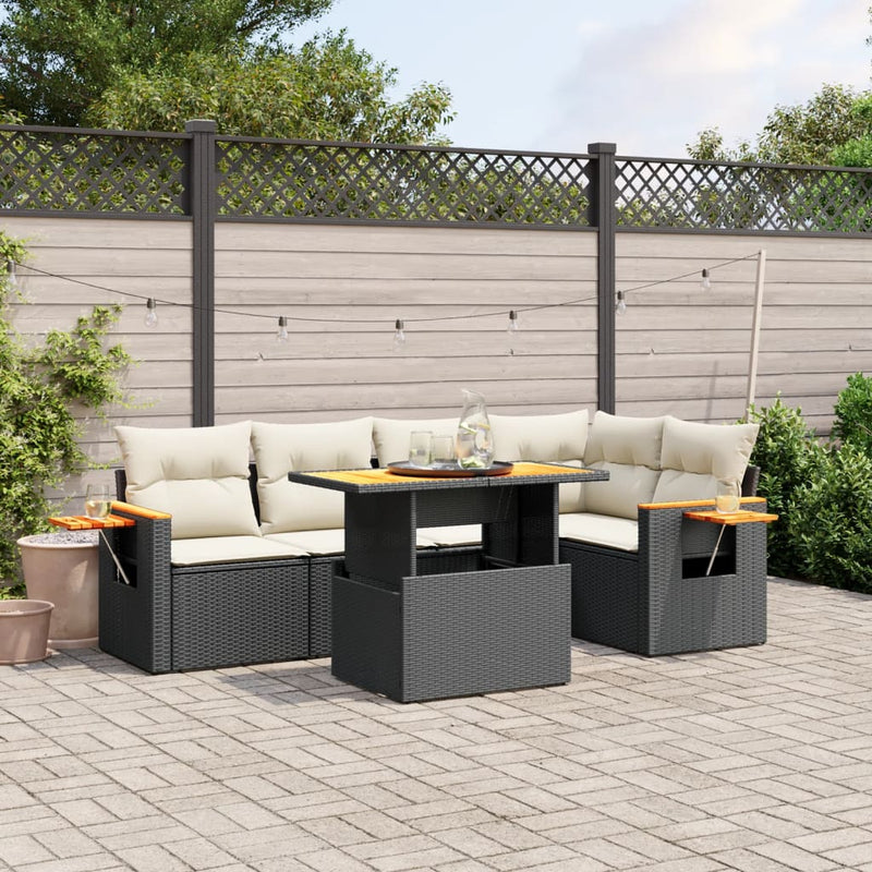 6-delige Loungeset met kussens poly rattan zwart