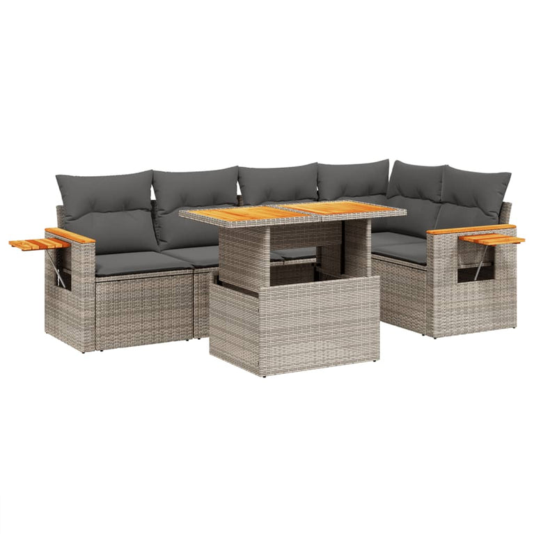 6-delige Loungeset met kussens poly rattan grijs