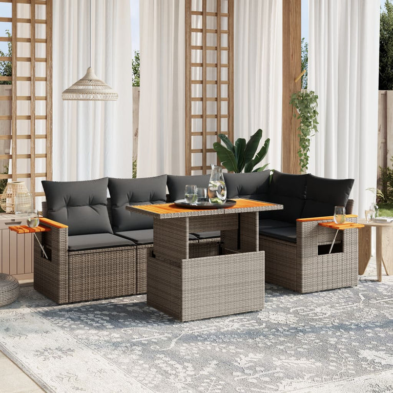6-delige Loungeset met kussens poly rattan grijs