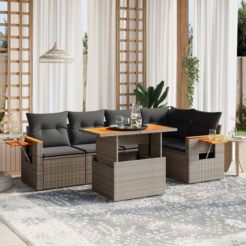 6-delige Loungeset met kussens poly rattan grijs