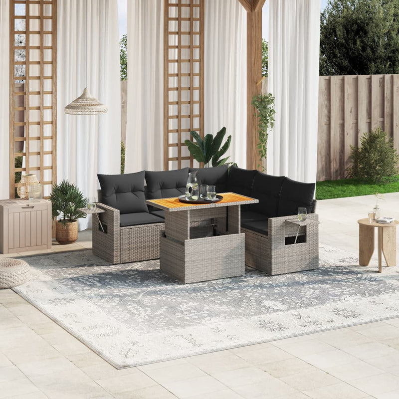 6-delige Loungeset met kussens poly rattan grijs