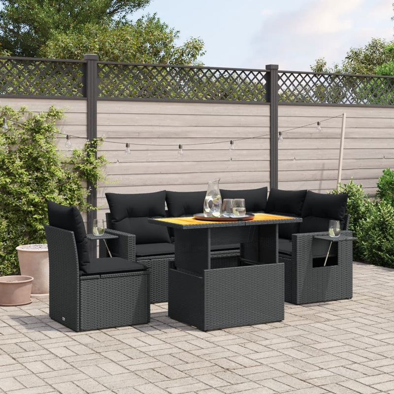 6-delige Loungeset met kussens poly rattan zwart