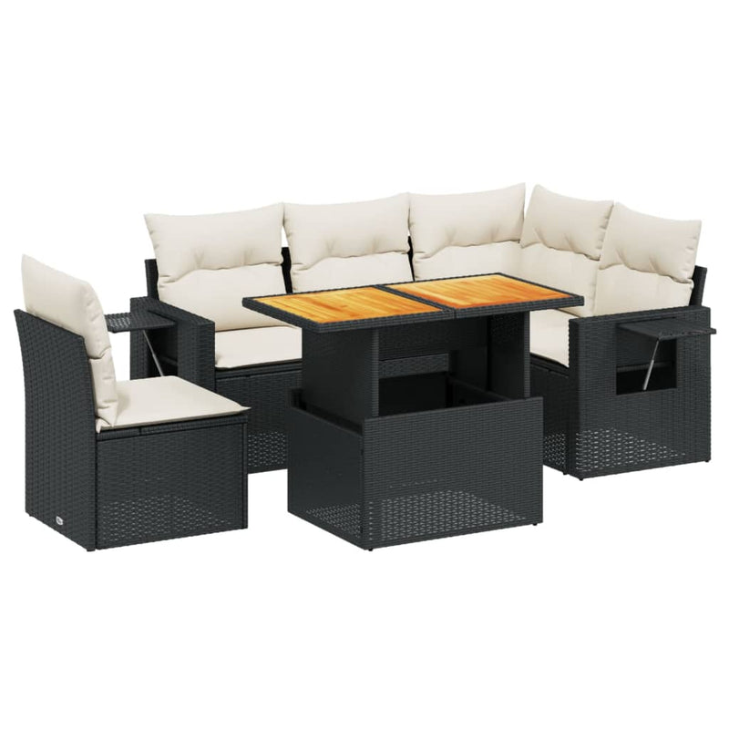 6-delige Loungeset met kussens poly rattan zwart