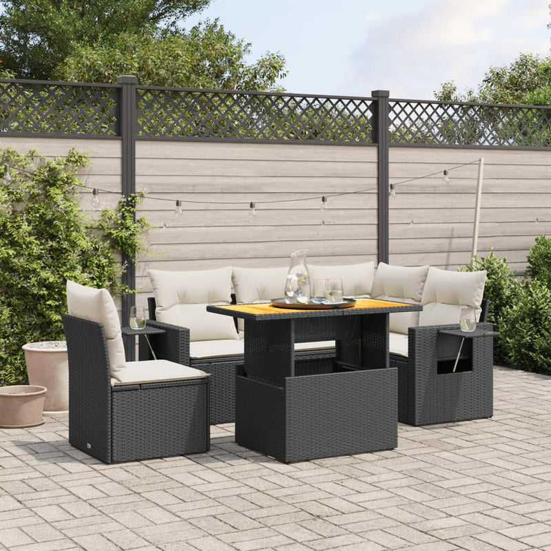6-delige Loungeset met kussens poly rattan zwart