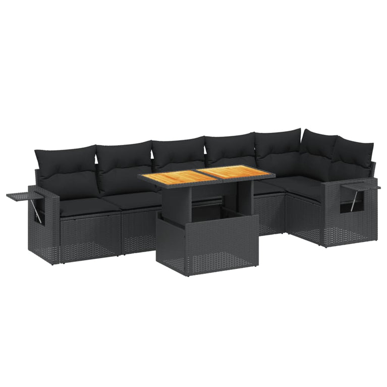 7-delige Loungeset met kussens poly rattan zwart