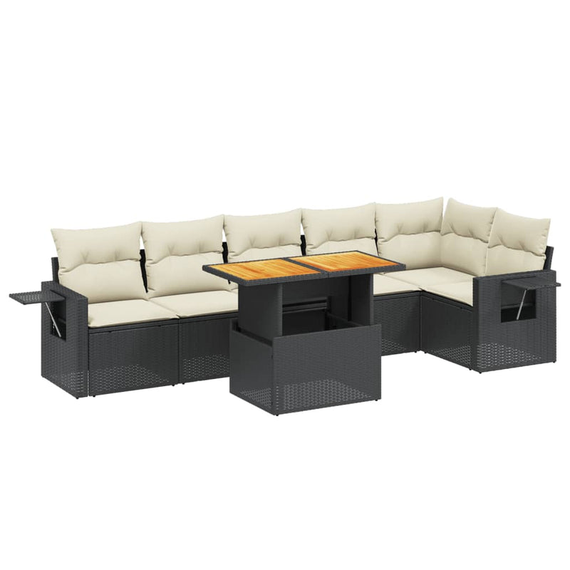 7-delige Loungeset met kussens poly rattan zwart