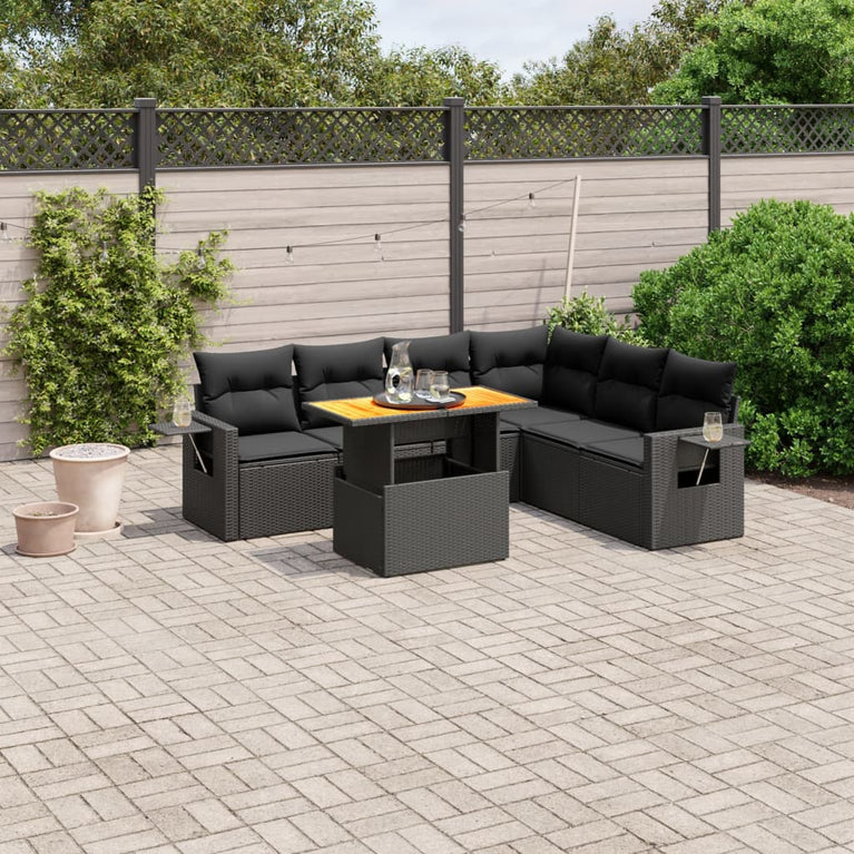 7-delige Loungeset met kussens poly rattan zwart