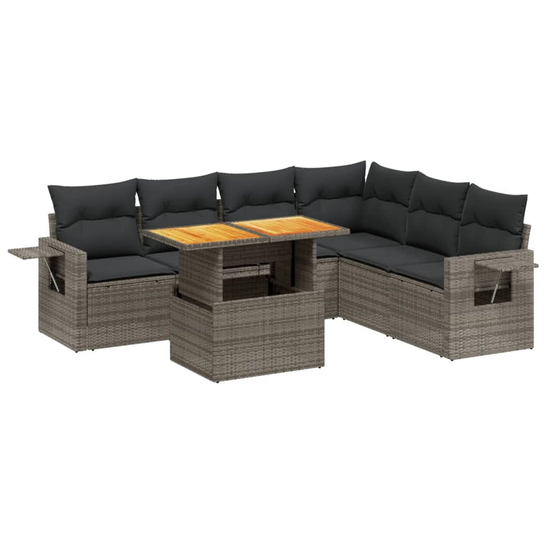 7-delige Loungeset met kussens poly rattan grijs