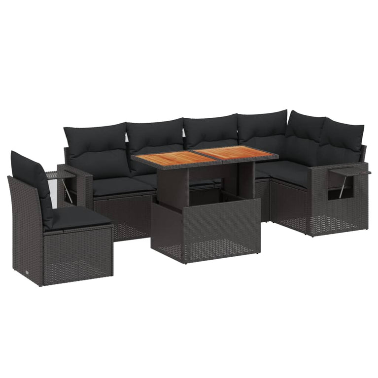7-delige Loungeset met kussens poly rattan zwart