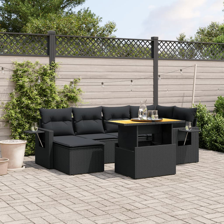 7-delige Loungeset met kussens poly rattan zwart